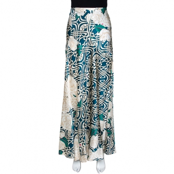 Pre Owned Roberto Cavalli Green & Cream Abstract Floral Print Silk Maxi Skirt L