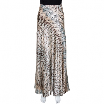 Pre Owned Roberto Cavalli Cream Feather Print Silk Flared Maxi Skirt L