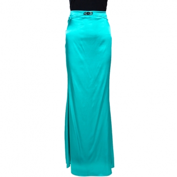 Pre Owned Roberto Cavalli Emerald Green Embellished Stretch Satin Silk Maxi Skirt L