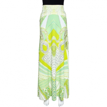 Pre Owned Roberto Cavalli Green Serpenti Print Stretch Jersey Flared Maxi Skirt L