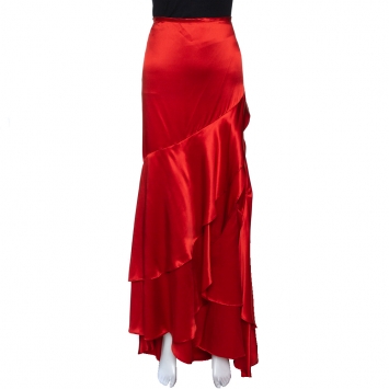 Pre Owned Roberto Cavalli Red Satin Silk Ruffle Tiered Maxi Skirt L