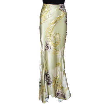 Pre Owned Roberto Cavalli Pale Green Dragon Print Silk Satin Flared Maxi Skirt L