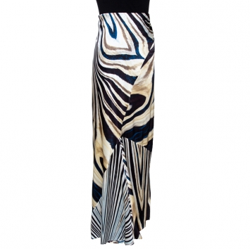 Pre Owned Roberto Cavalli Multicolor Stripe Print Silk Satin Flared Maxi Skirt L