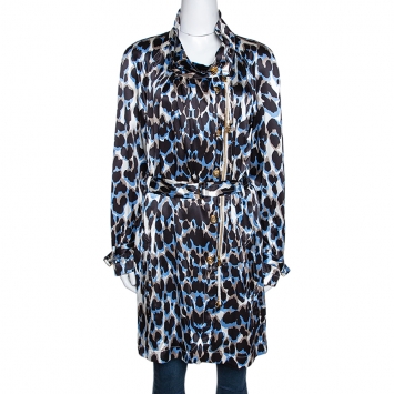 Pre Owned Roberto Cavalli Black & Blue Animal Printed Silk Belted Dress M