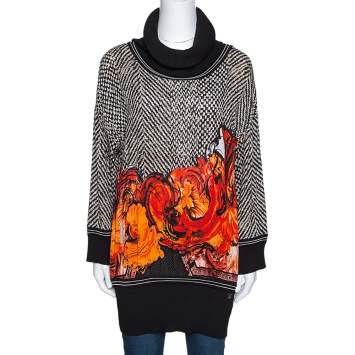 Pre Owned Roberto Cavalli Black & Orange Printed Silk and Rib Knit Trim Turtle Neck Top L
