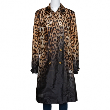 Pre Owned Roberto Cavalli Beige & Black Ombre Leopard Printed Silk Trench Coat L