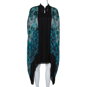 Pre Owned Roberto Cavalli Teal Silk & Knit Trim Kaftan Dress M