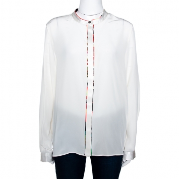 Pre Owned Roberto Cavalli Cream Silk Contrast Floral Piping Detail Blouse L