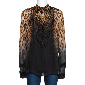 مملوكة مسبقًا Roberto Cavalli Beige & Black Ombre Leopard Printed Silk Ruffled Blouse L