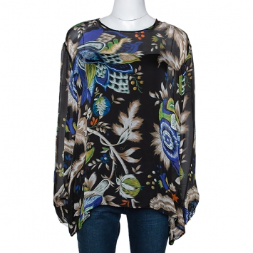 Pre Owned Roberto Cavalli Multicolor Printed Silk Sheer Blouse L