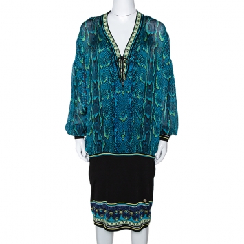 Pre Owned Roberto Cavalli Blue Snake Print Silk Fitted Hem Dress L