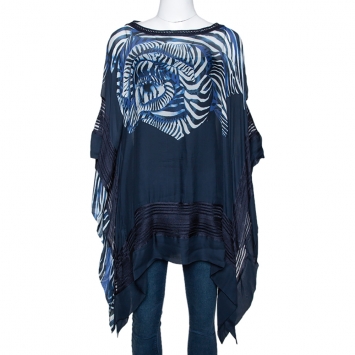 Pre Owned Roberto Cavalli Navy Blue Printed Silk Kaftan Top M