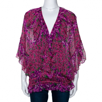 Pre Owned Roberto Cavalli Pink Floral Print Silk Ruffled Sheer Blouse M