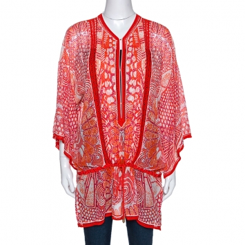Pre Owned Roberto Cavalli Orange Abstract Print Silk Kaftan Top L