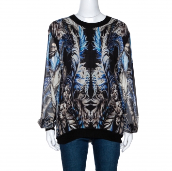 Pre Owned Roberto Cavalli Blue & Black Feather Print Silk Paneled Jumper L