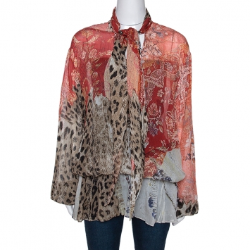 Pre Owned Roberto Cavalli Multicolor Floral & Animal Print Silk Neck Tie Detail Blouse L