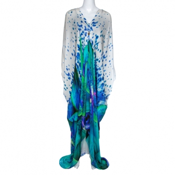 Pre Owned Roberto Cavalli Multicolor Floral Print Silk Plunge Neck Kaftan L