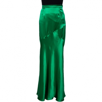 Pre Owned Roberto Cavalli Green Satin Silk Flared Maxi Skirt L