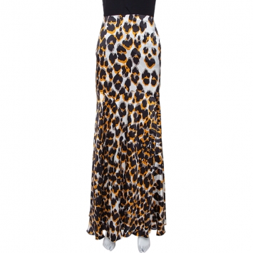 Pre Owned Roberto Cavalli Brown & Black Leopard Print Silk Flared Maxi Skirt L