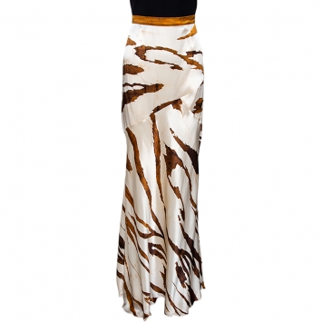 Pre Owned Roberto Cavalli Cream & Brown Animal Striped Silk Flared Maxi Skirt L