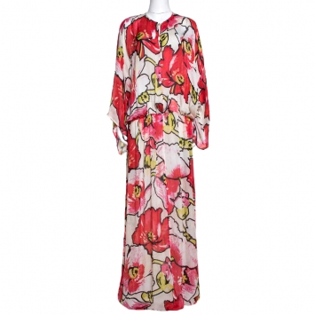 Pre Owned Roberto Cavalli Red Floral Print Silk Maxi Dress L