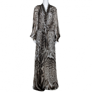 Pre Owned Roberto Cavalli Black & Grey Animal Print Silk Maxi Dress L