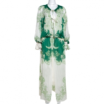 Pre Owned Roberto Cavalli Green Floral Print Silk Maxi Dress L
