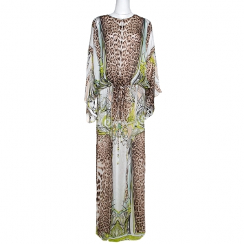 Pre Owned Roberto Cavalli Green & Brown Animal Print Silk Maxi Dress L