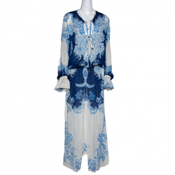 Pre Owned Roberto Cavalli Blue & White Floral Print Silk Maxi Dress L