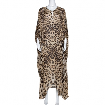 Pre Owned Roberto Cavalli Brown Animal Print Silk Kaftan Dress L