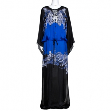 Pre Owned Roberto Cavalli Blue & Black Abstract Print Silk Maxi Dress L