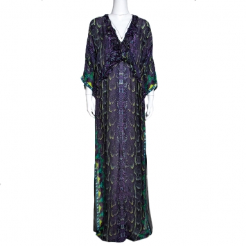 Pre Owned Roberto Cavalli Purple Snakeskin Print Silk Ruffles Maxi Dress L