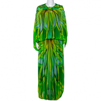 Pre Owned Roberto Cavalli Green Wave Print Silk Maxi Dress M