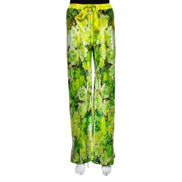 Pre Owned Roberto Cavalli Green Floral Printed Silk Pants L