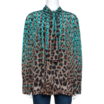 Pre Owned Roberto Cavalli Teal & Brown Honeycomb Animal Printed Silk Shirt L