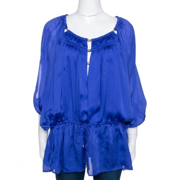 Pre Owned Roberto Cavalli Blue Silk Ruched Detail Tunic Top L 