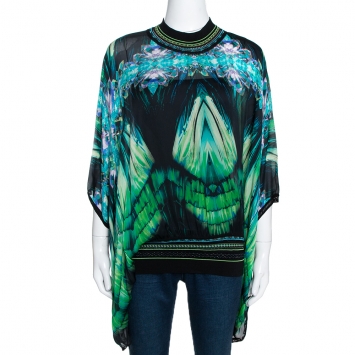 مملوكة مسبقًا Roberto Cavalli Multicolor Printed Silk & Knit Trim Kaftan Top L