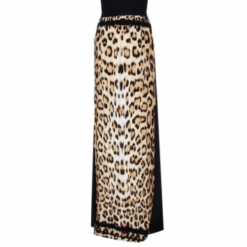 Pre Owned Roberto Cavalli Two Tone Leopard Printed Silk Pleated Maxi Skirt L