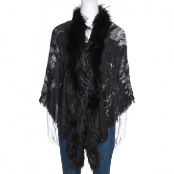 Pre Owned Roberto Cavalli Black Printed Cashmere Fur Lined Poncho (One Size)