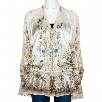 مملوكة مسبقًا Roberto Cavalli Cream Floral Shimmer Print Silk Ruched Blouse L