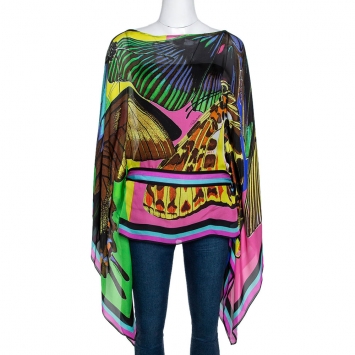 مملوكة مسبقًا Roberto Cavalli Multicolor Butterfly Print Silk Sheer Belted Kaftan Top M