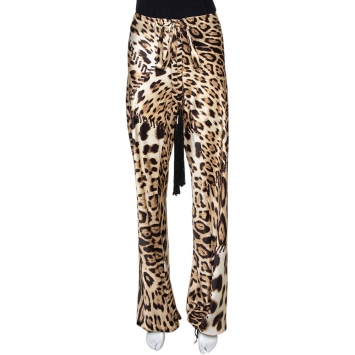 Pre Owned Roberto Cavalli Beige Leopard Print Silk Satin Flared Pants M