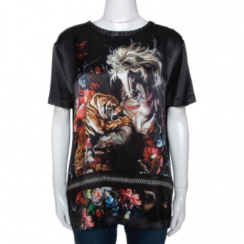 مملوكة مسبقًا Roberto Cavalli Black Animal Print Silk Leather Trim Blouse L