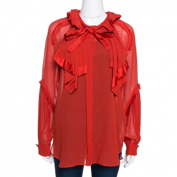 Pre Owned Roberto Cavalli Red Silk Draped Detail Ruffled Sheer Blouse L