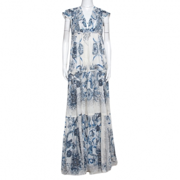 Pre Owned Roberto Cavalli Blue Printed Cotton Gathered Maxi Dress L