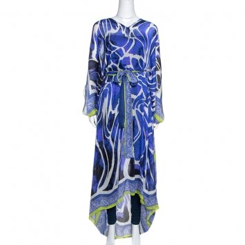 Pre Owned Roberto Cavalli Purple Printed Silk Belted Maxi Kaftan M