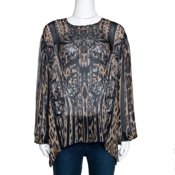 Pre Owned Roberto Cavalli Black Striped Animal Print Silk Sheer Blouse L