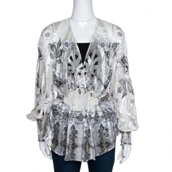 Pre Owned Roberto Cavalli White Floral Printed Silk Plunge Neck Blouse M