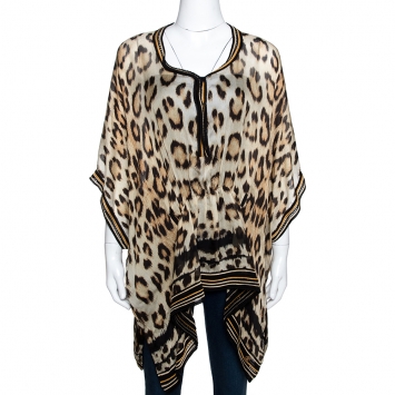 Pre Owned Roberto Cavalli Beige Leopard Printed Silk & Knit Trim Kaftan Top M