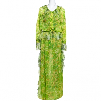 Pre Owned Roberto Cavalli Lemon Green Floral Printed Silk Ruffled Maxi Dress L 